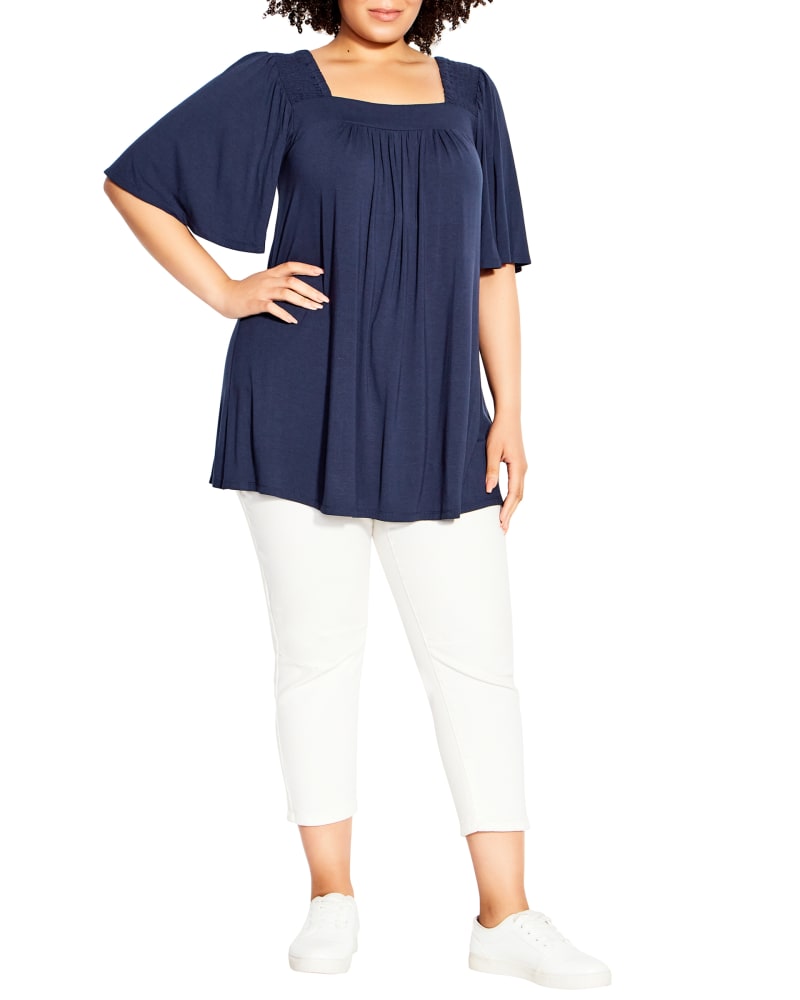 Front of a model wearing a size 18 Sophia Square Neck Smock Top in Navy by Evans. | dia_product_style_image_id:295812